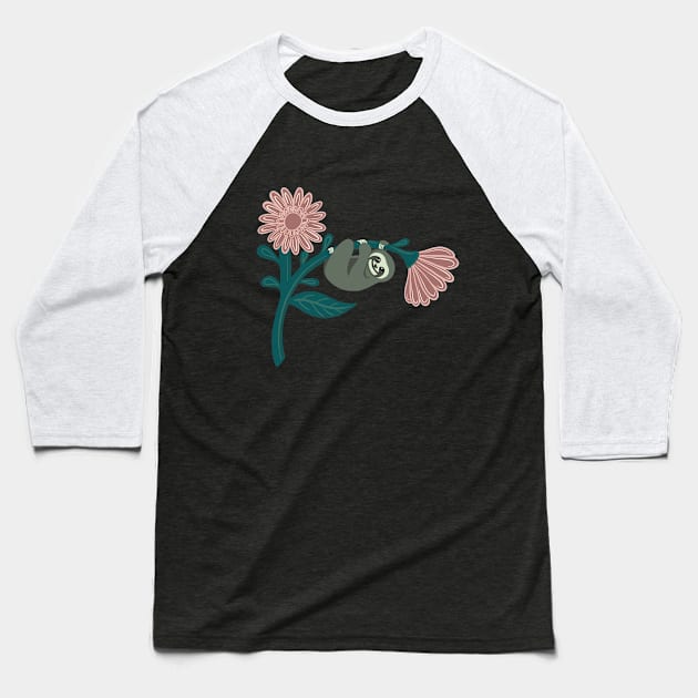 Just hanging around - happy sloth on giant daisy Baseball T-Shirt by NewBranchStudio